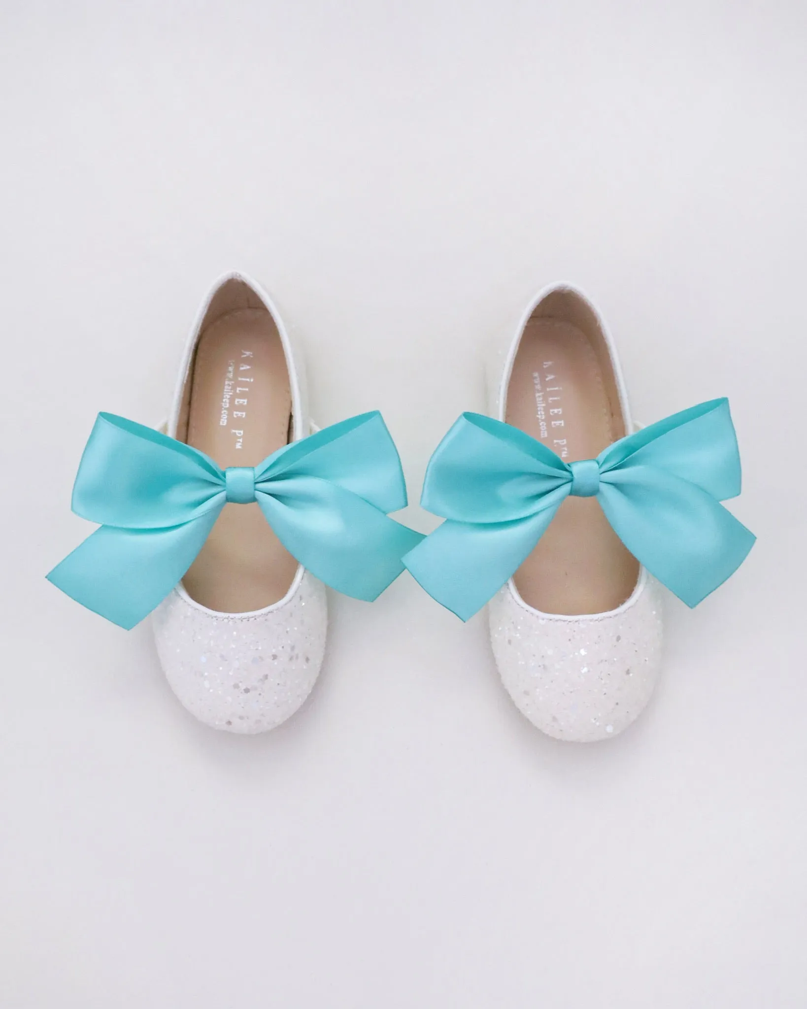 White Rock Glitter Mary Jane with Aqua Blue Or Teal Satin Bow