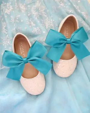 White Rock Glitter Mary Jane with Aqua Blue Or Teal Satin Bow