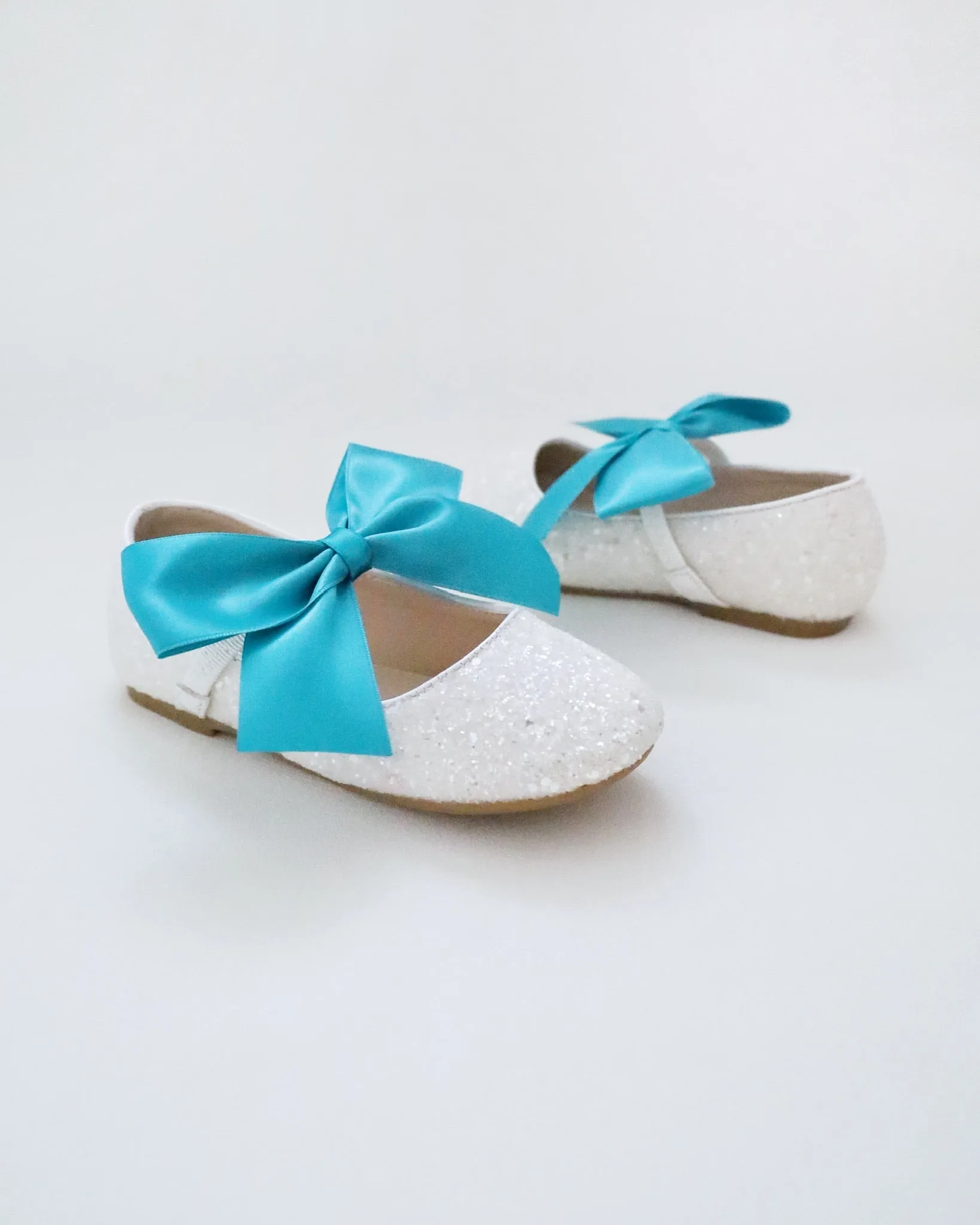 White Rock Glitter Mary Jane with Aqua Blue Or Teal Satin Bow