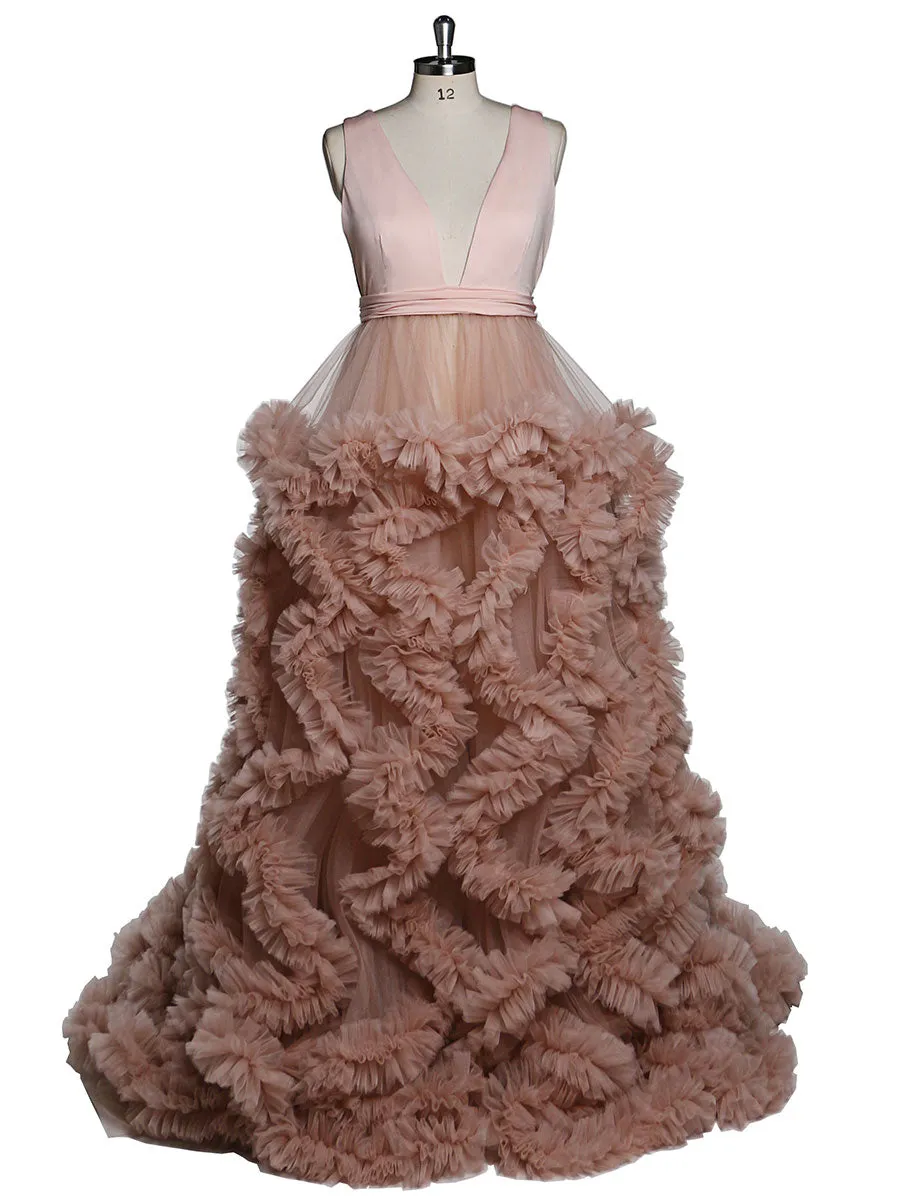 White/Burgundy V-neck Cloud 30CM Train Maternity Dress for Photoshoot YW231041