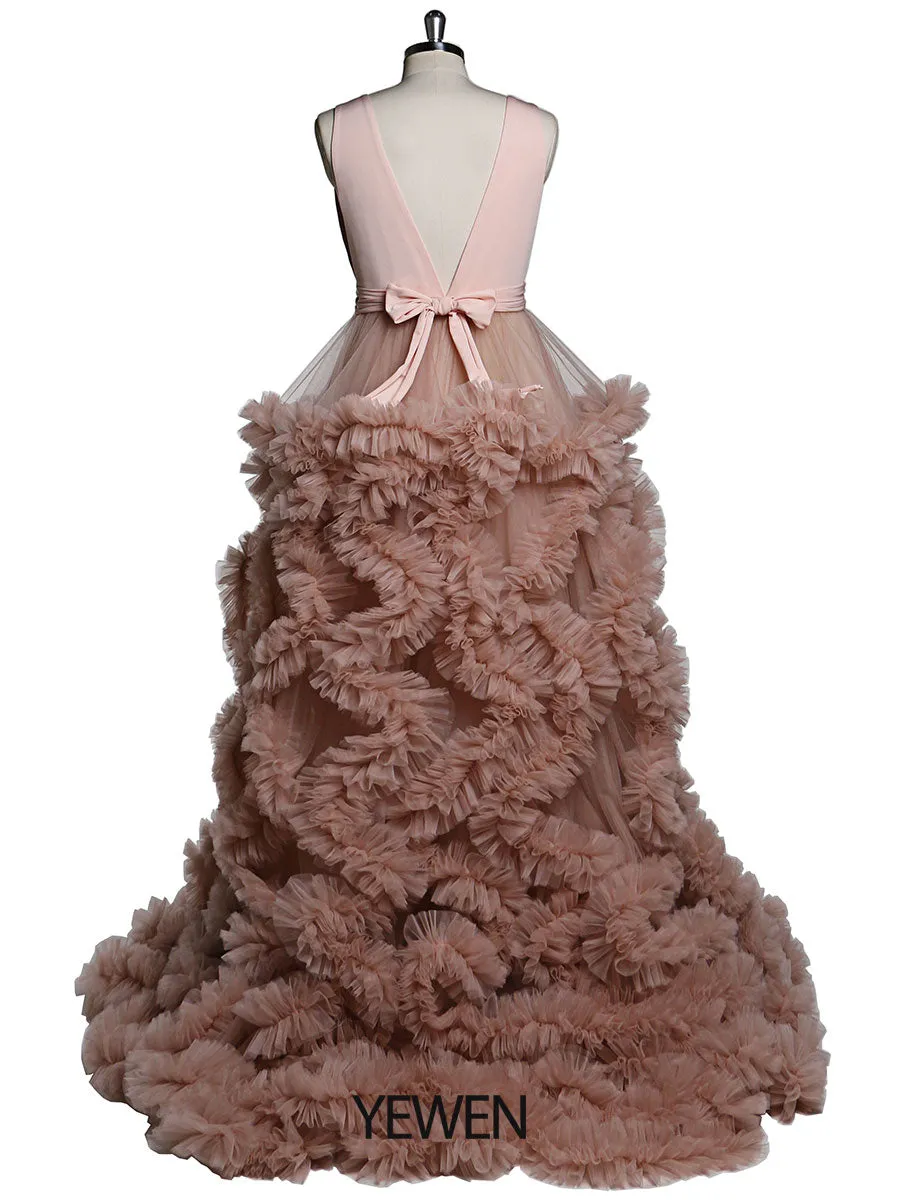 White/Burgundy V-neck Cloud 30CM Train Maternity Dress for Photoshoot YW231041