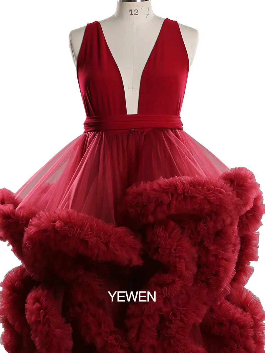 White/Burgundy V-neck Cloud 30CM Train Maternity Dress for Photoshoot YW231041