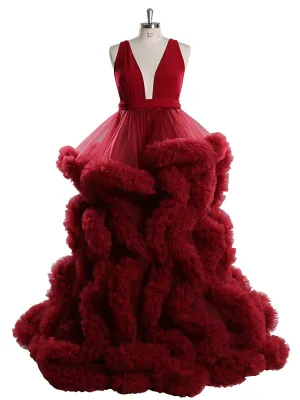 White/Burgundy V-neck Cloud 30CM Train Maternity Dress for Photoshoot YW231041