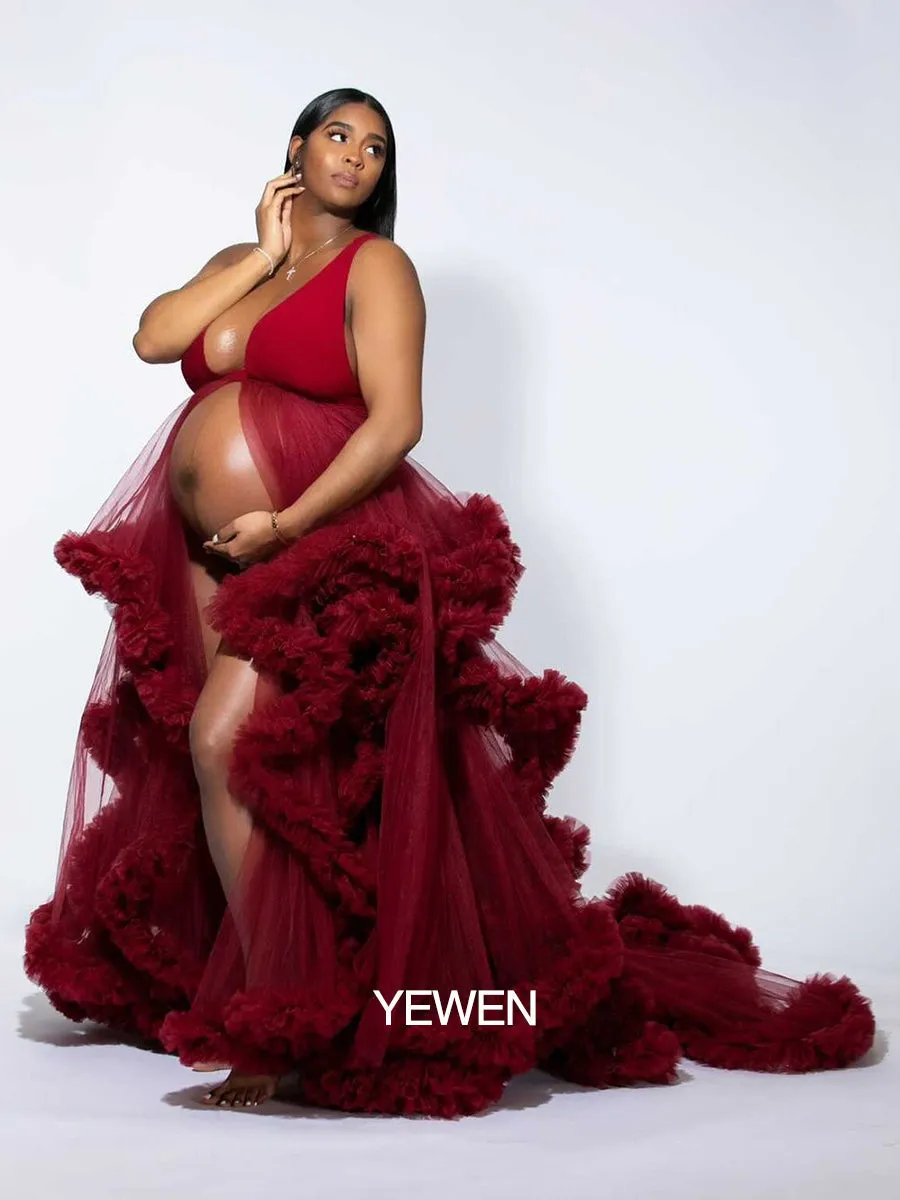 White/Burgundy V-neck Cloud 30CM Train Maternity Dress for Photoshoot YW231041
