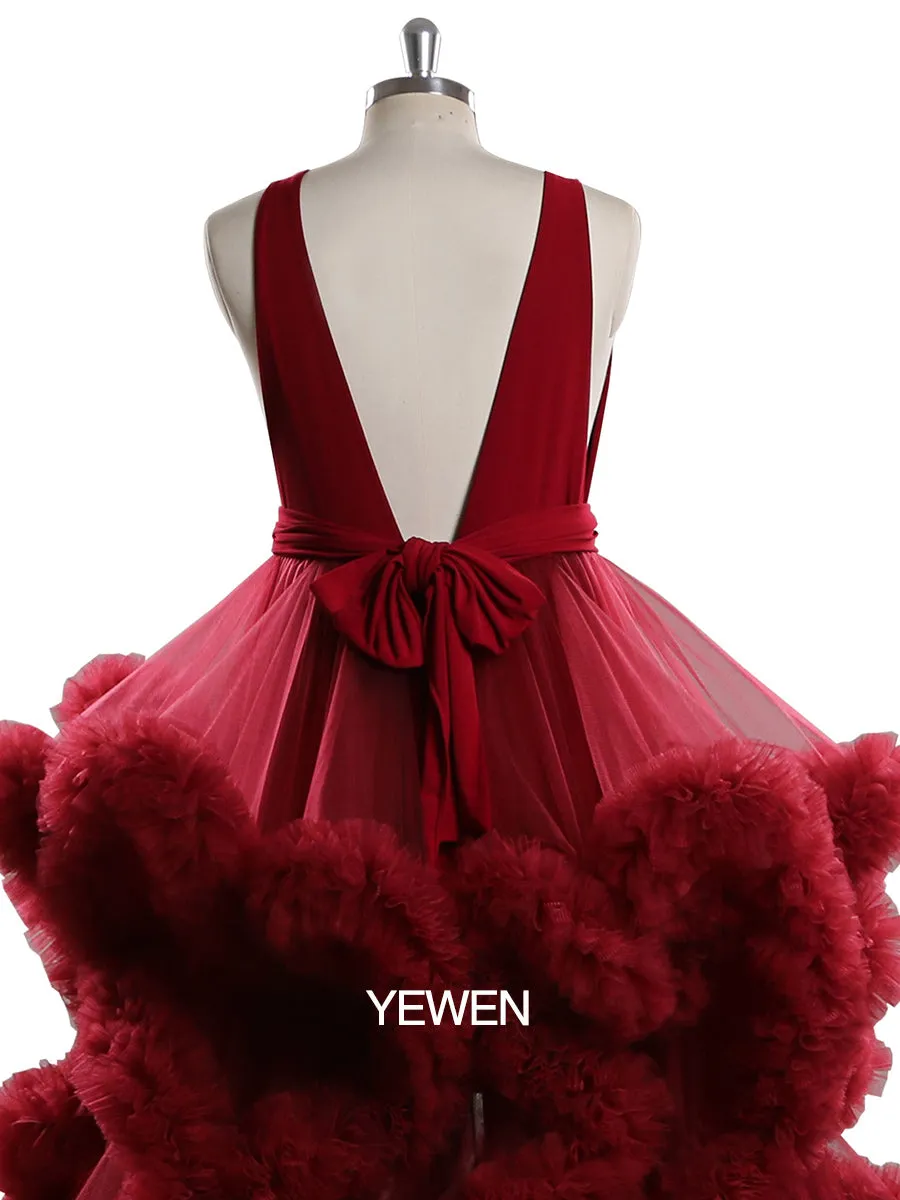 White/Burgundy V-neck Cloud 30CM Train Maternity Dress for Photoshoot YW231041