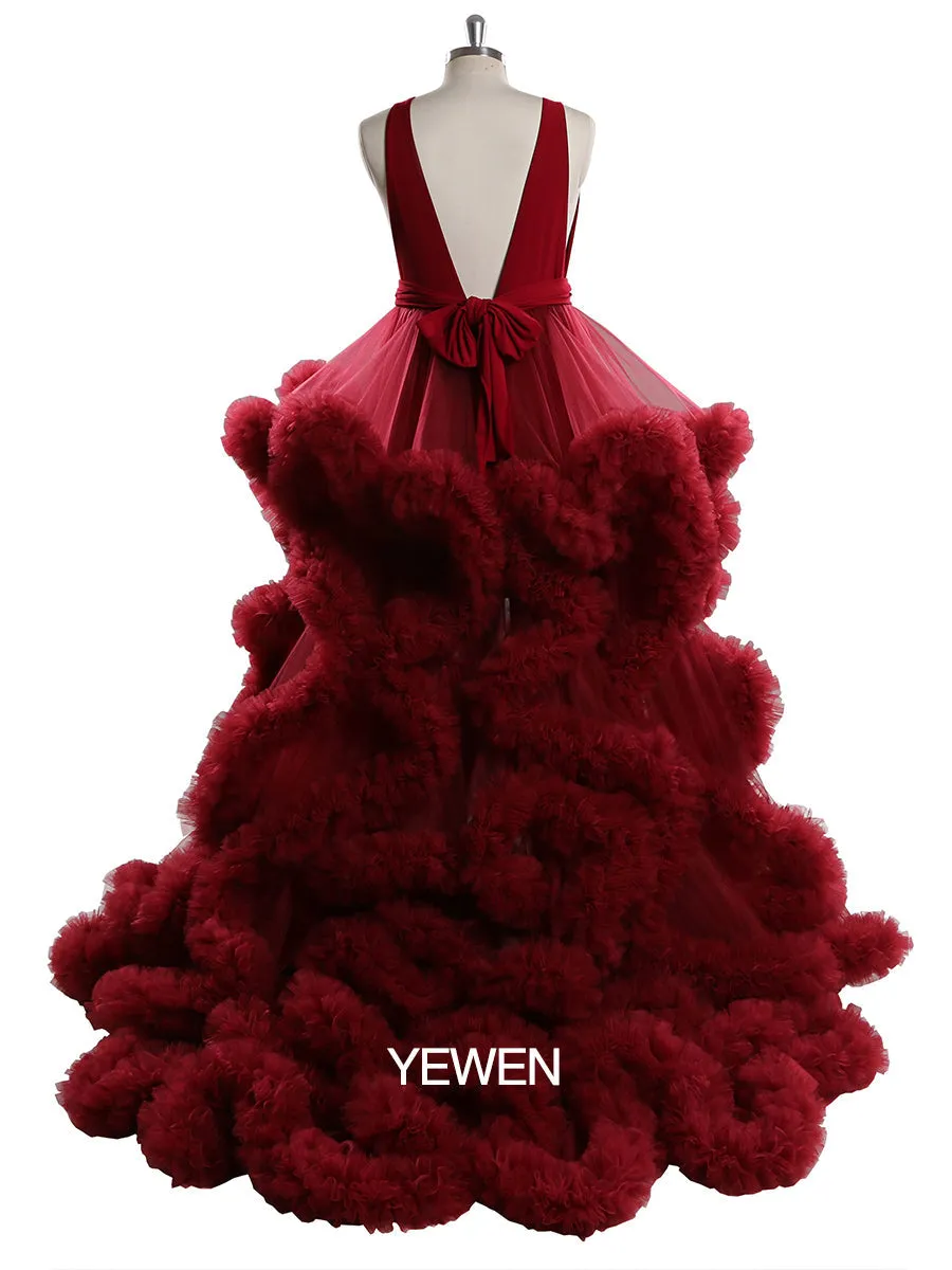 White/Burgundy V-neck Cloud 30CM Train Maternity Dress for Photoshoot YW231041