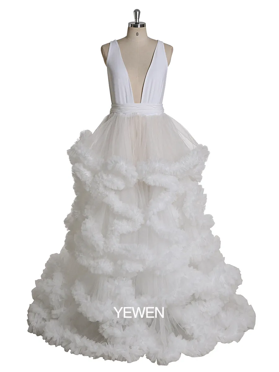 White/Burgundy V-neck Cloud 30CM Train Maternity Dress for Photoshoot YW231041