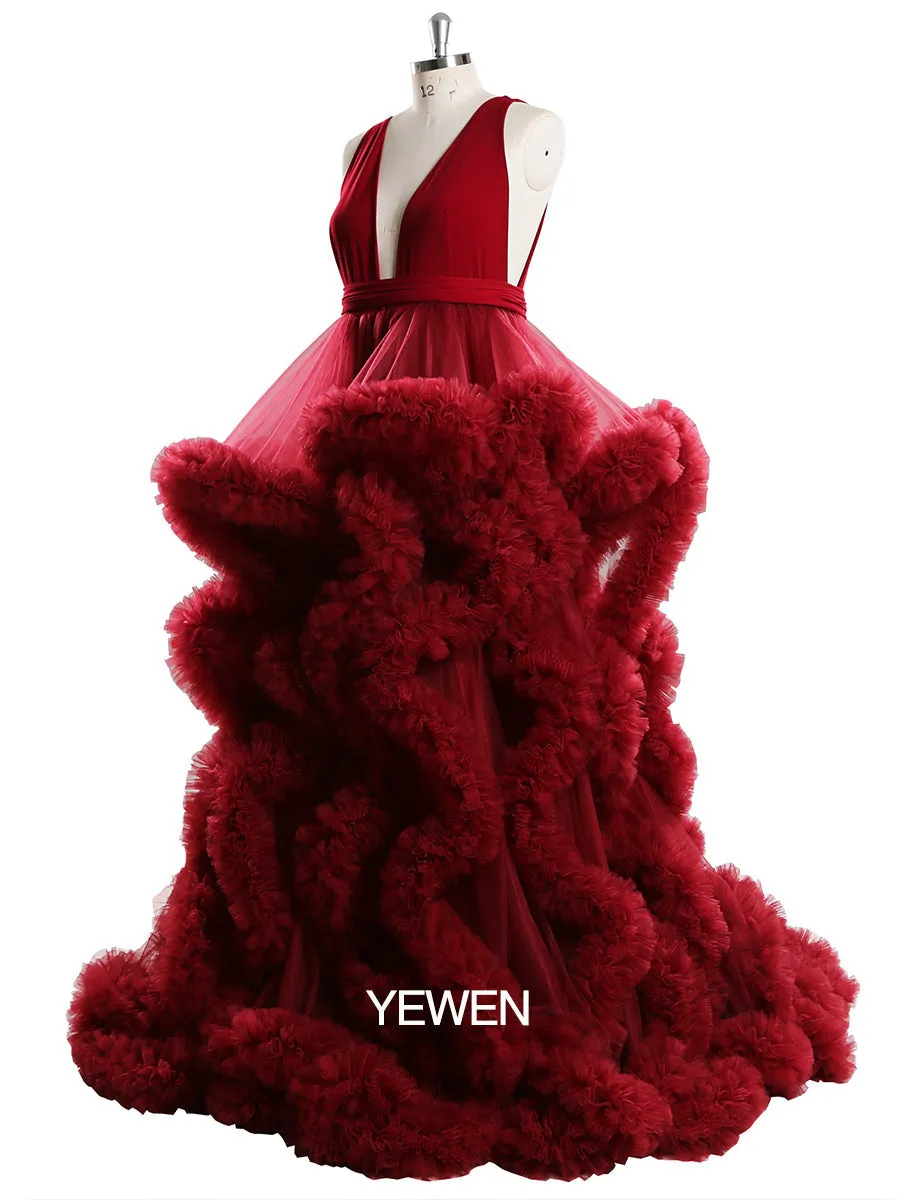 White/Burgundy V-neck Cloud 30CM Train Maternity Dress for Photoshoot YW231041