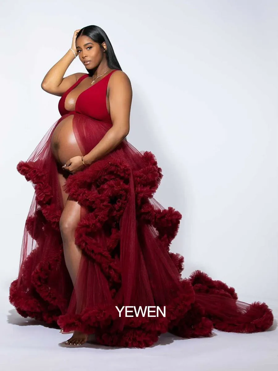White/Burgundy V-neck Cloud 30CM Train Maternity Dress for Photoshoot YW231041