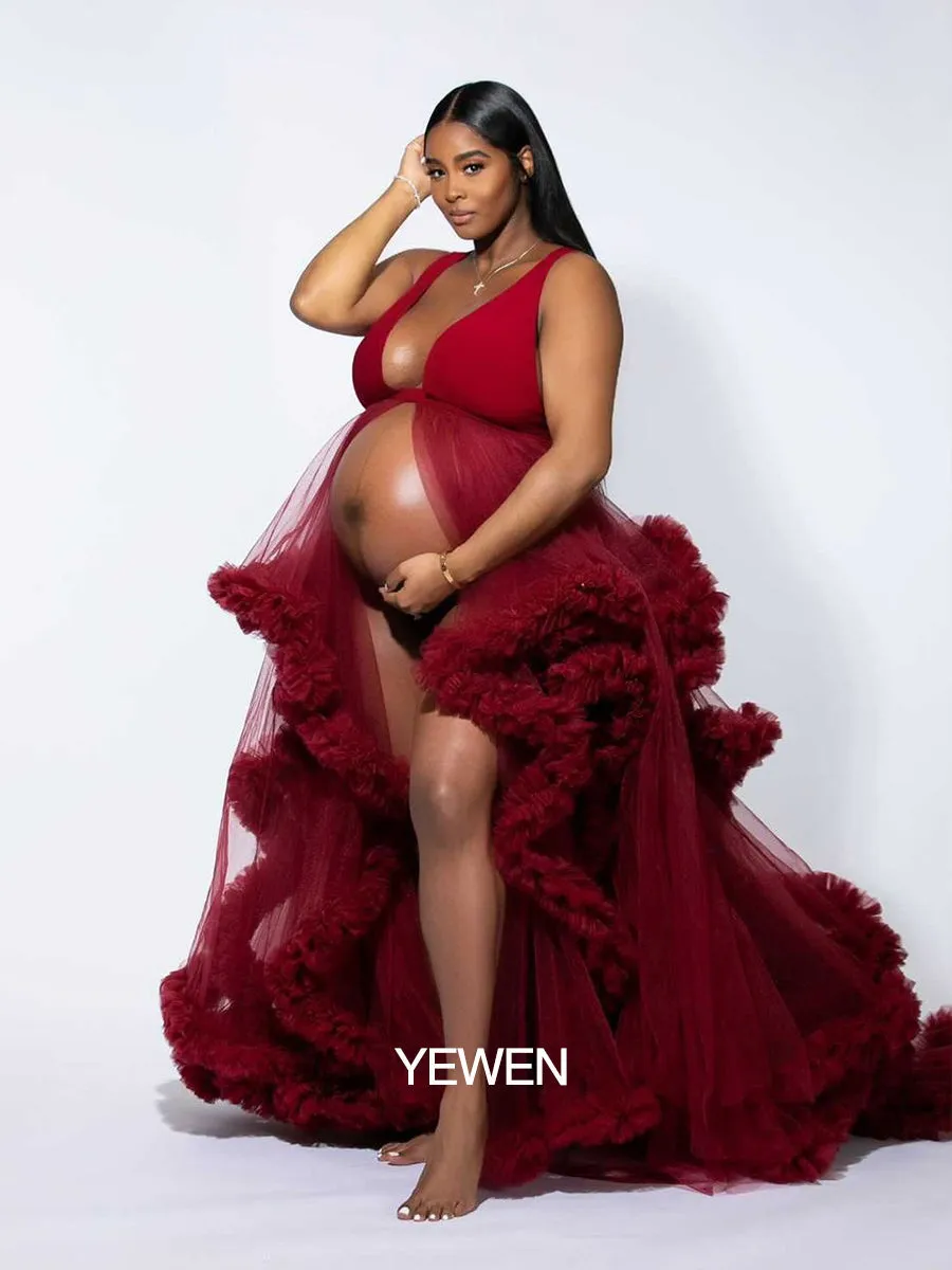 White/Burgundy V-neck Cloud 30CM Train Maternity Dress for Photoshoot YW231041