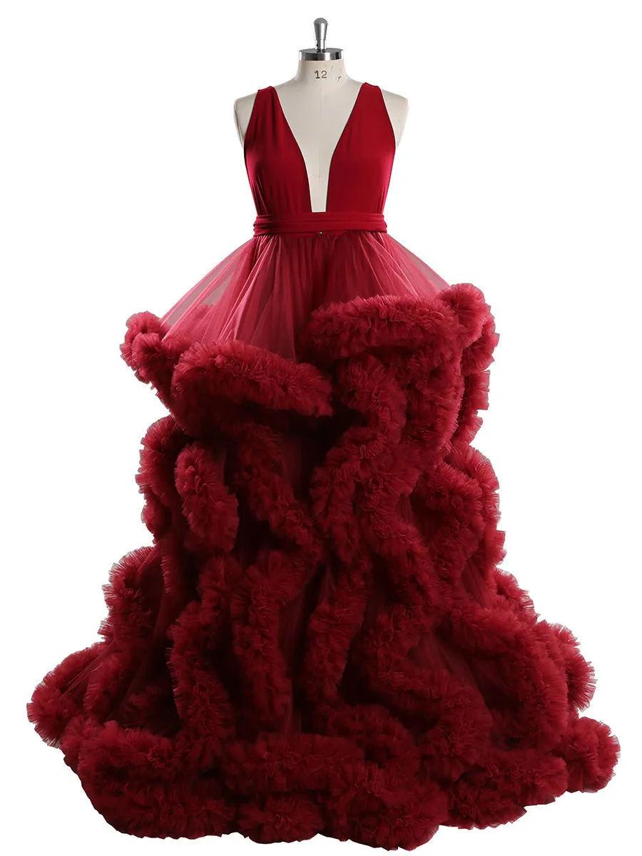White/Burgundy V-neck Cloud 30CM Train Maternity Dress for Photoshoot YW231041