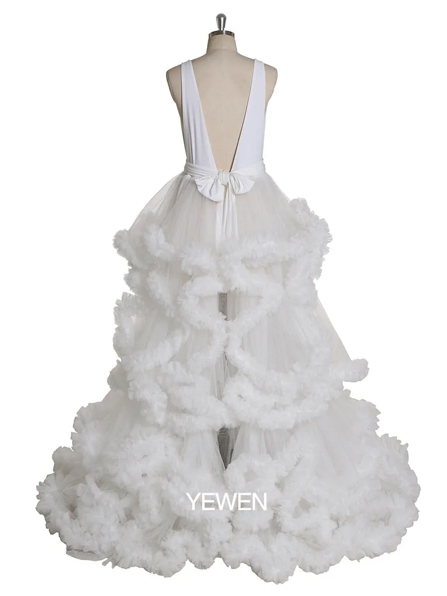 White/Burgundy V-neck Cloud 30CM Train Maternity Dress for Photoshoot YW231041