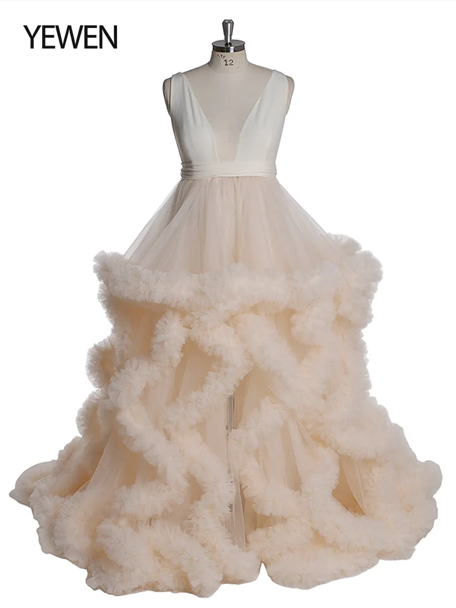 White/Burgundy V-neck Cloud 30CM Train Maternity Dress for Photoshoot YW231041