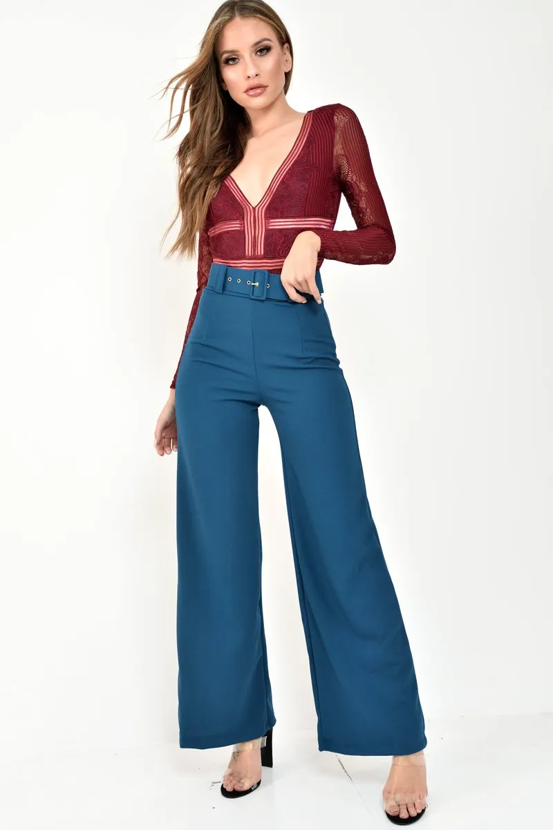 Wine Lace Long Sleeve Open Back Bodysuit - Ellice