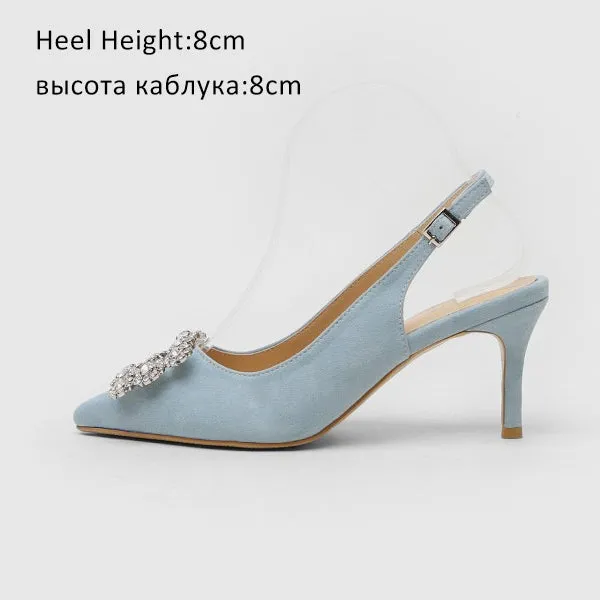 Women Pumps Fashion Ladies Rhinestone High Heels Shoes Soft Leather Heels Shoes Woman Pointed Toe Non-slip Brand Plus Size DE