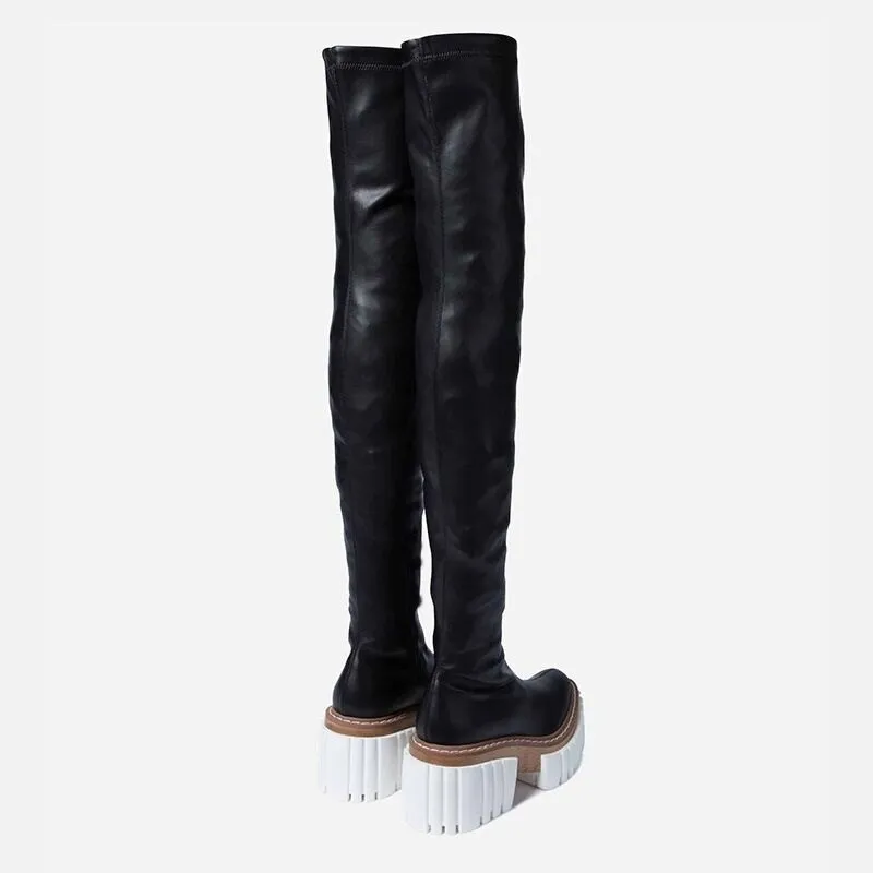 Women Square High Heels Thigh High Boots