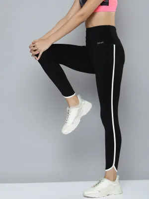 Women's Black Solid Rapid-Dry Training Tights with Side Tape Detail