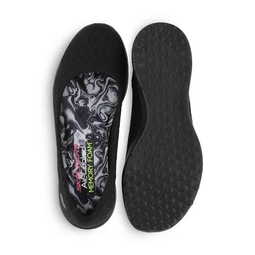 Women's Skechers Microburst One-Up Wide Fit, Black, Sz 8-Fit like a Sz 9! Ballet flat skimmer design, Air Cooled Memory Foam cushioned comfort insole!