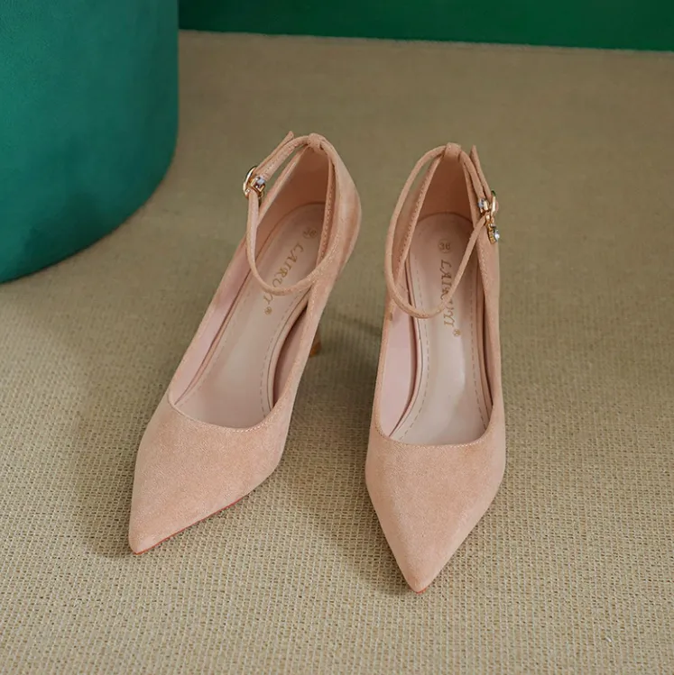 Women's Small Feet Ankle Strap Suede Heels TS303