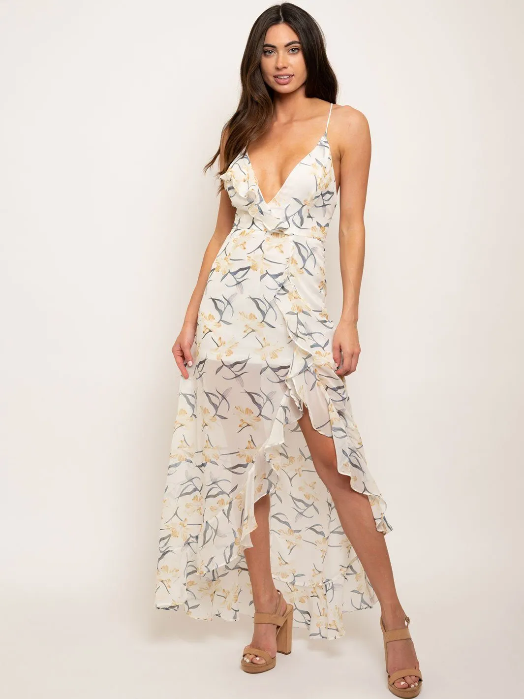 WOMEN'S V-NECK RUFFLE FLORAL MAXI DRESS