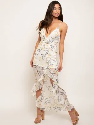 WOMEN'S V-NECK RUFFLE FLORAL MAXI DRESS