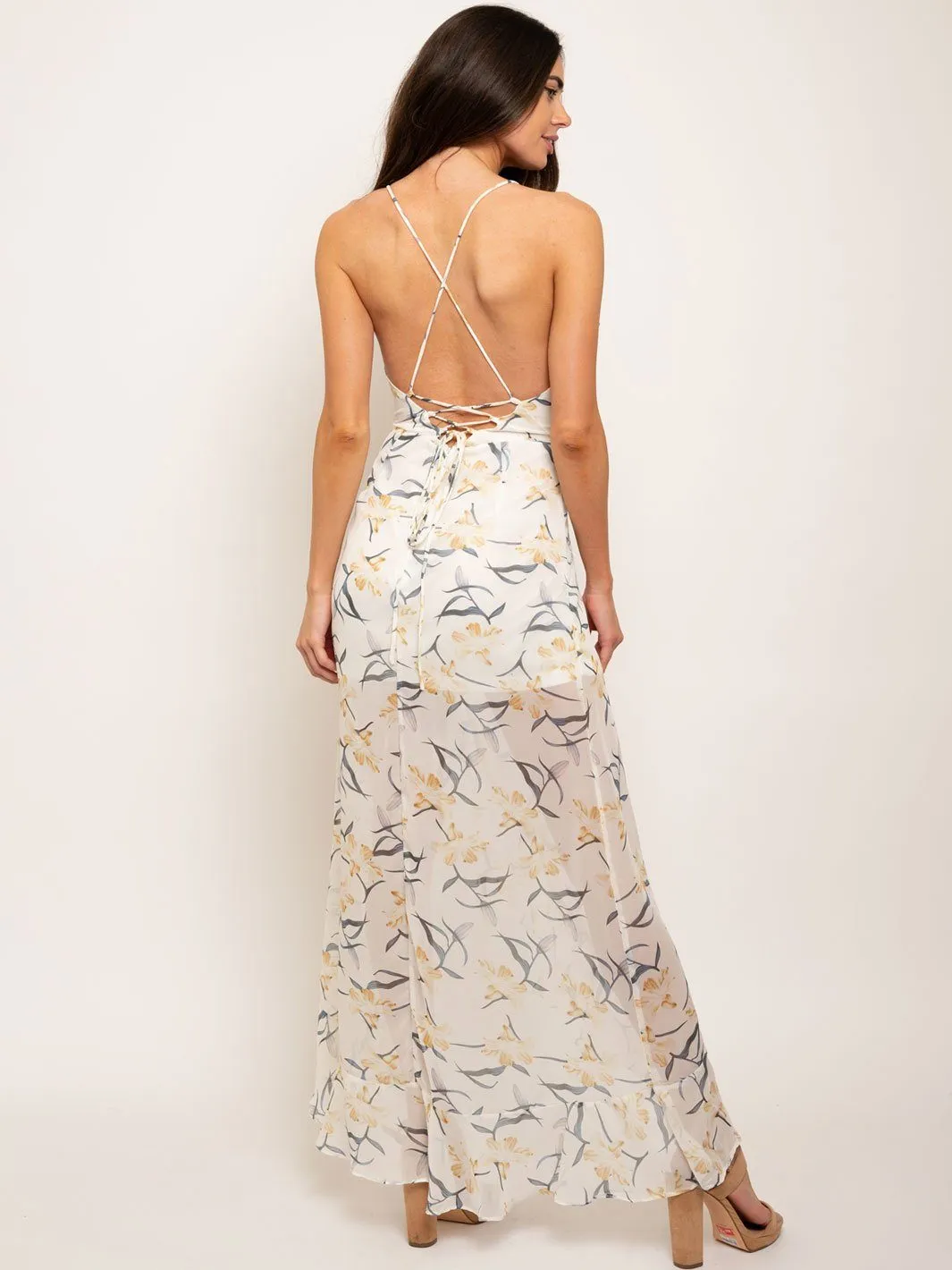 WOMEN'S V-NECK RUFFLE FLORAL MAXI DRESS