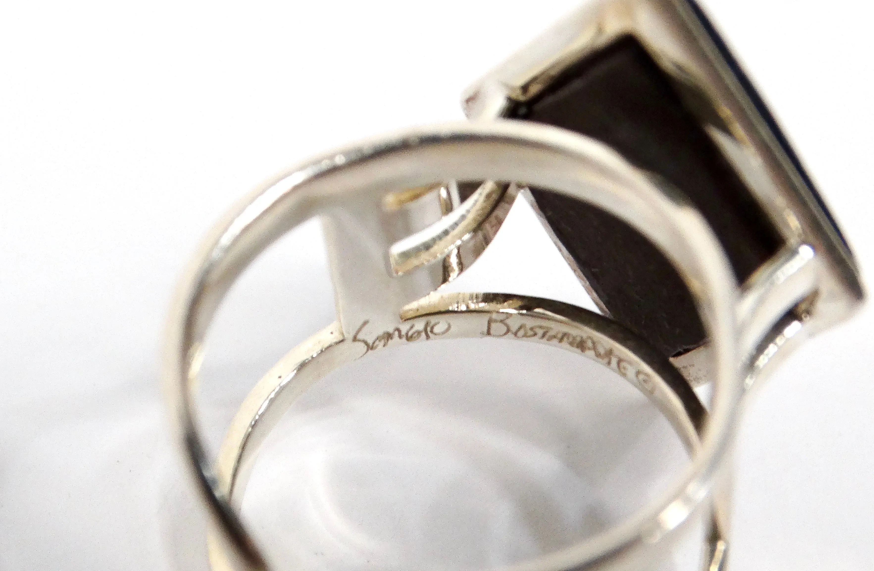 Wood & Sterling Silver Fornasetti Style Painted Face Motif Fashion Ring