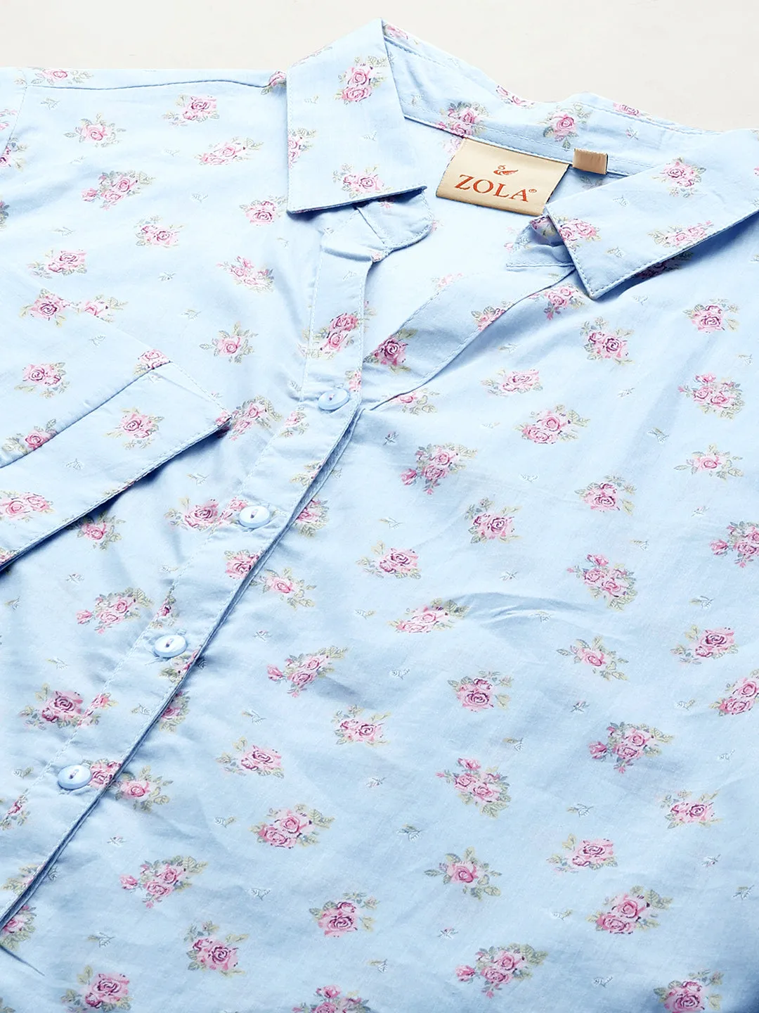 ZOLA Collar Neck Cotton All Over Floral Print 3/4th Sleeves Sky Blue Straight Top For Women