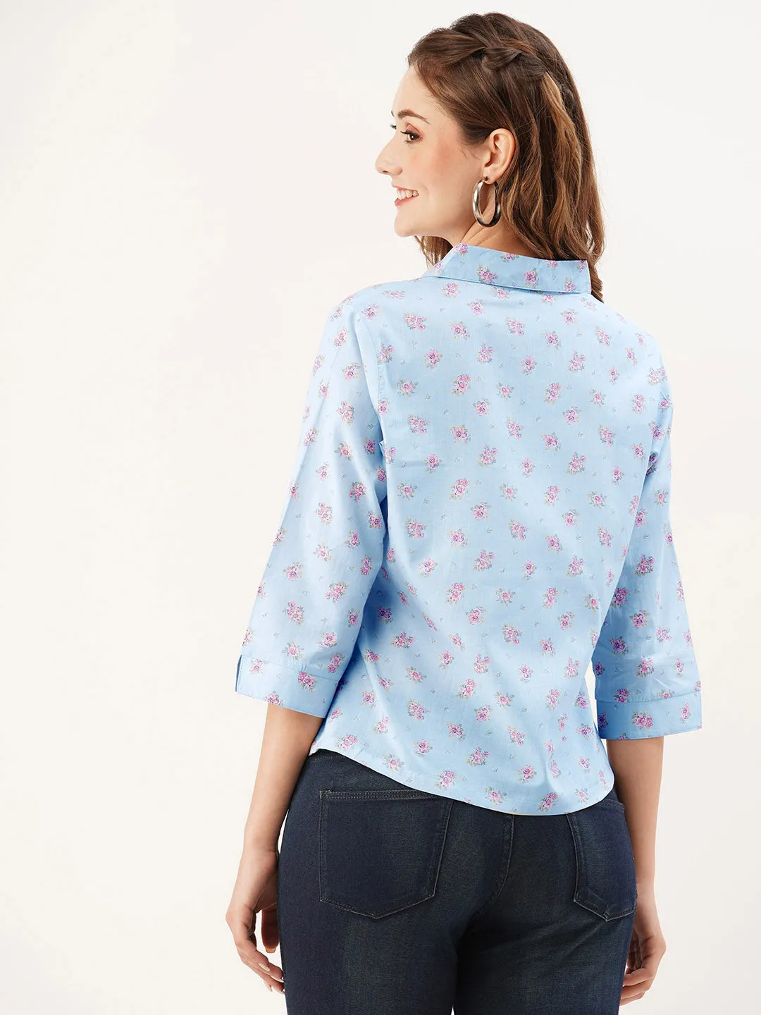 ZOLA Collar Neck Cotton All Over Floral Print 3/4th Sleeves Sky Blue Straight Top For Women