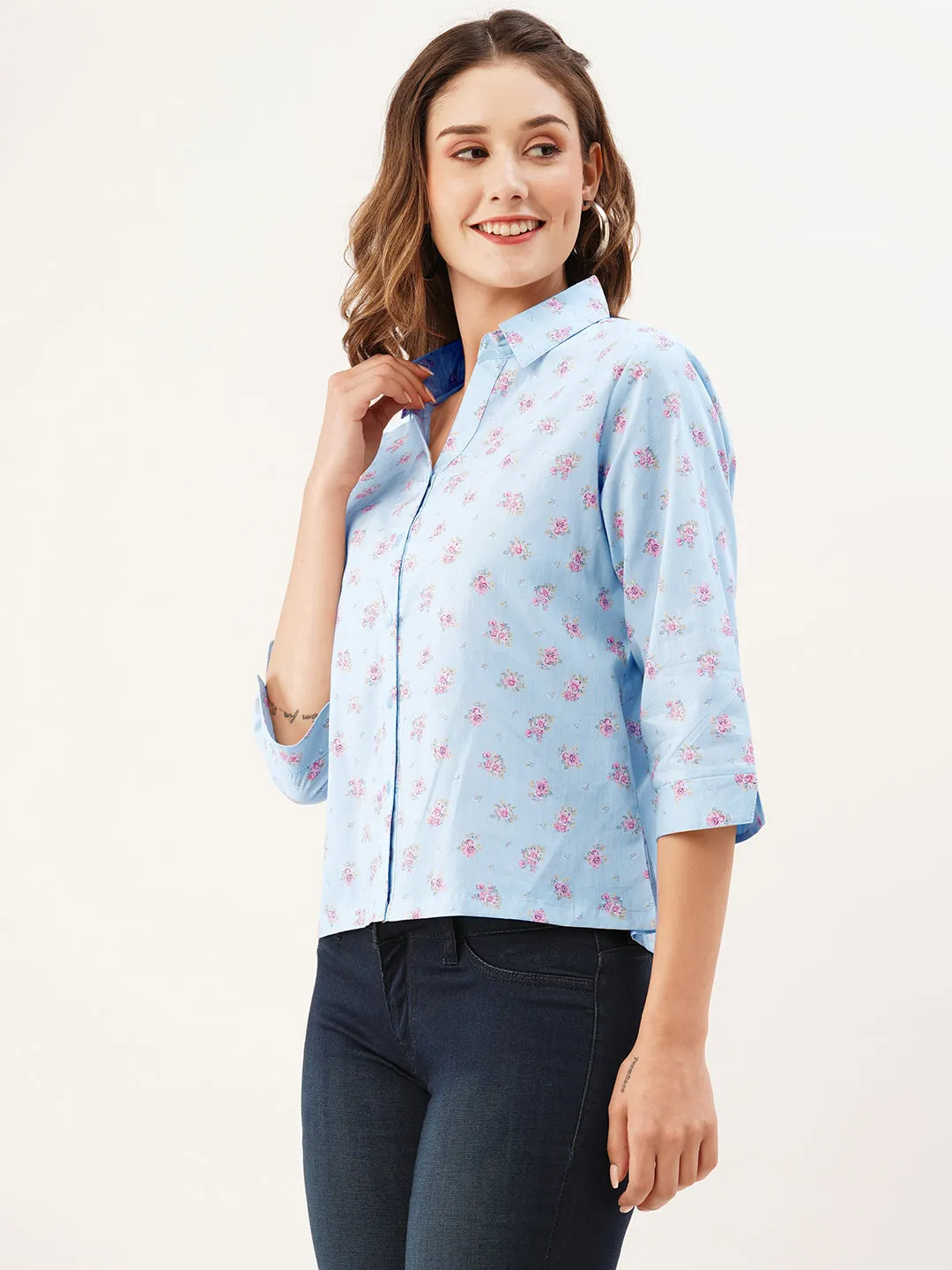 ZOLA Collar Neck Cotton All Over Floral Print 3/4th Sleeves Sky Blue Straight Top For Women