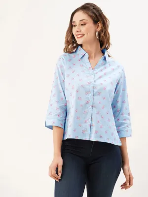 ZOLA Collar Neck Cotton All Over Floral Print 3/4th Sleeves Sky Blue Straight Top For Women