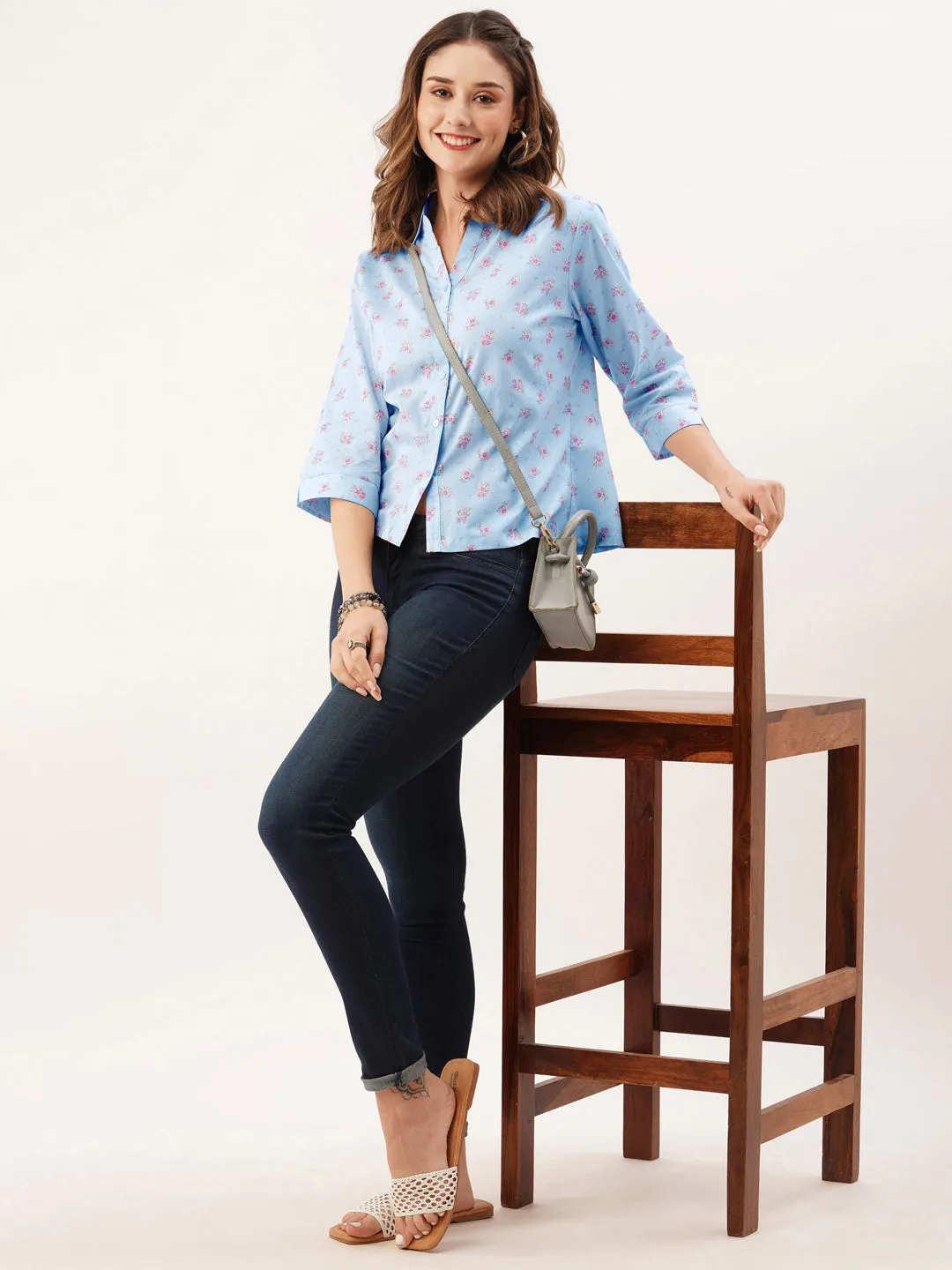 ZOLA Collar Neck Cotton All Over Floral Print 3/4th Sleeves Sky Blue Straight Top For Women