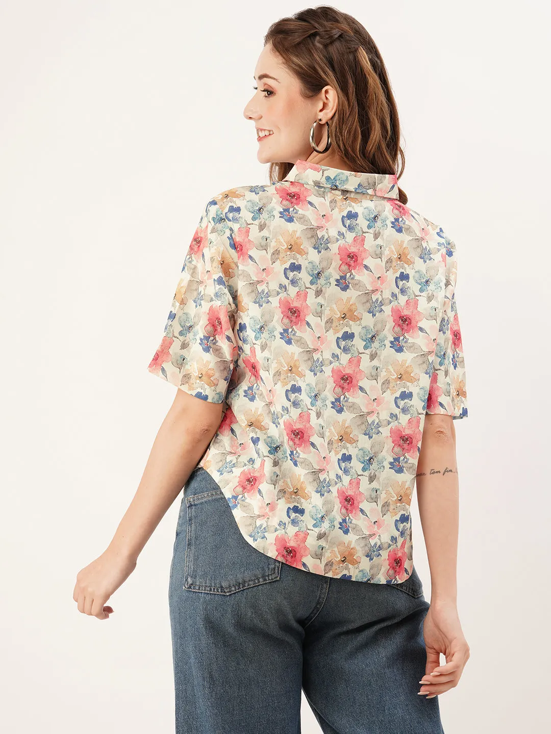 ZOLA Collar Neck Cotton All Over Floral Print Half Sleeves Beige Straight Top For Women