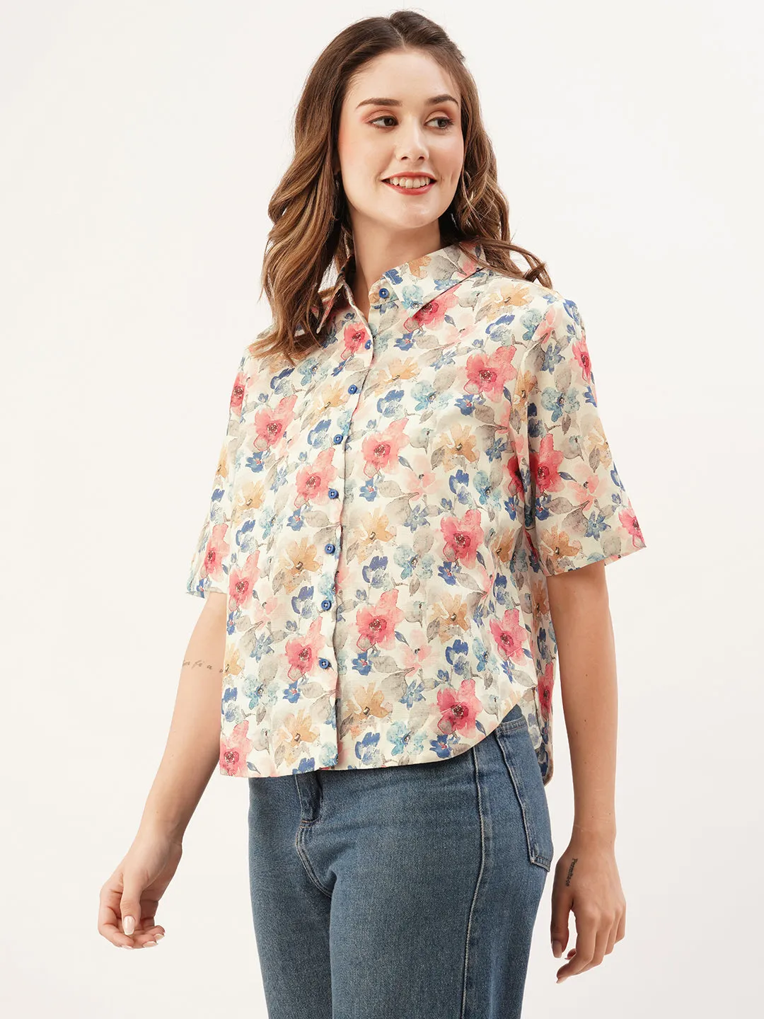 ZOLA Collar Neck Cotton All Over Floral Print Half Sleeves Beige Straight Top For Women