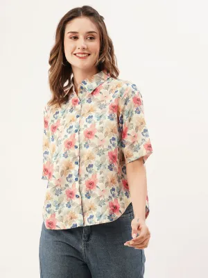 ZOLA Collar Neck Cotton All Over Floral Print Half Sleeves Beige Straight Top For Women