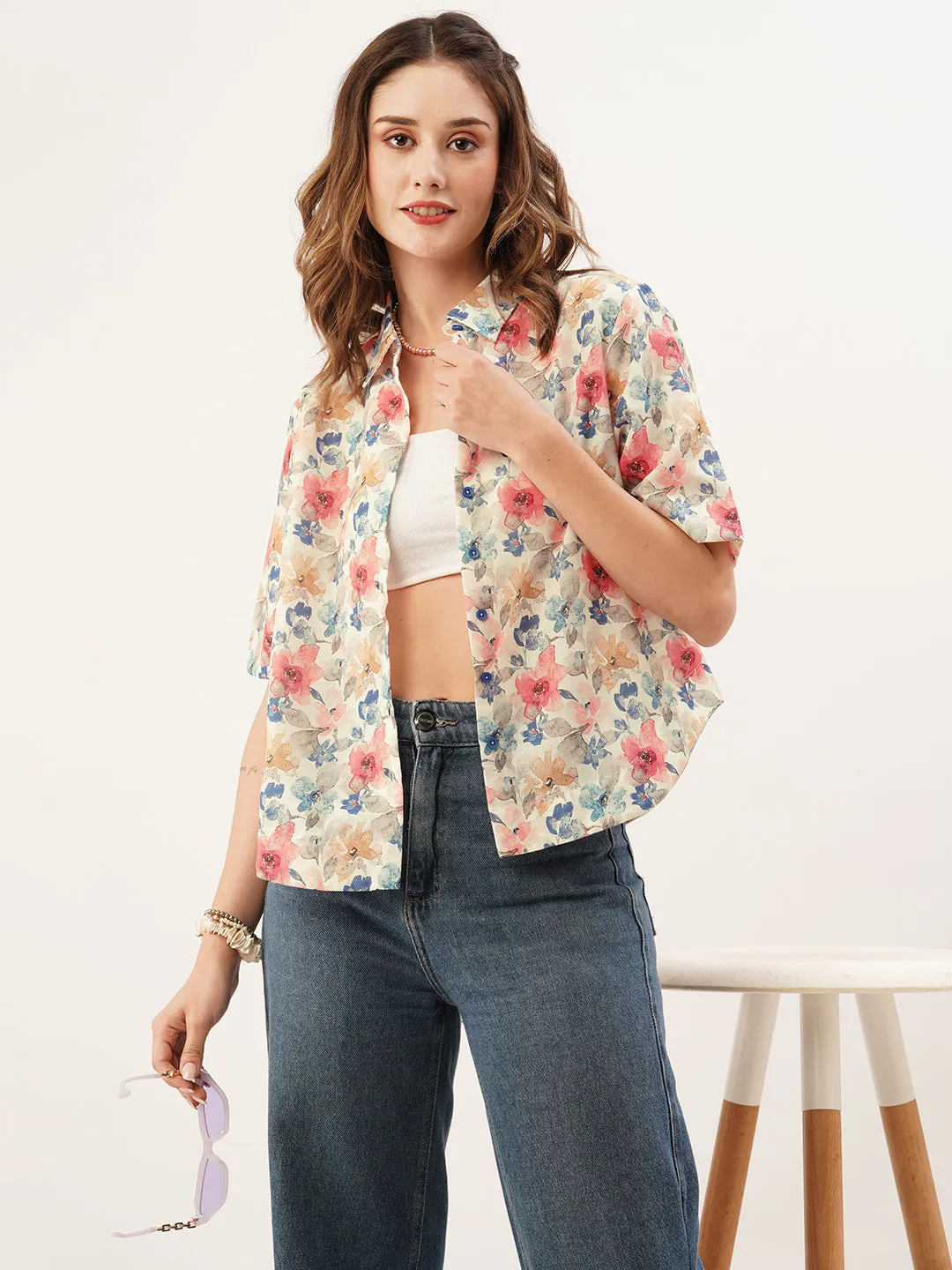 ZOLA Collar Neck Cotton All Over Floral Print Half Sleeves Beige Straight Top For Women