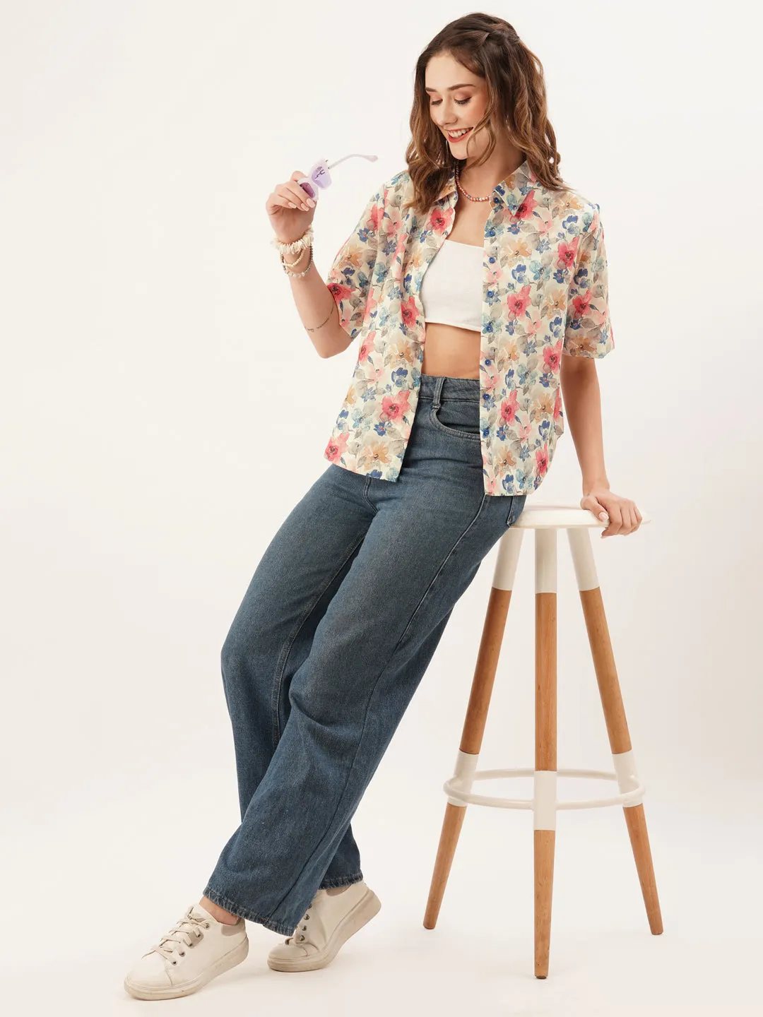 ZOLA Collar Neck Cotton All Over Floral Print Half Sleeves Beige Straight Top For Women