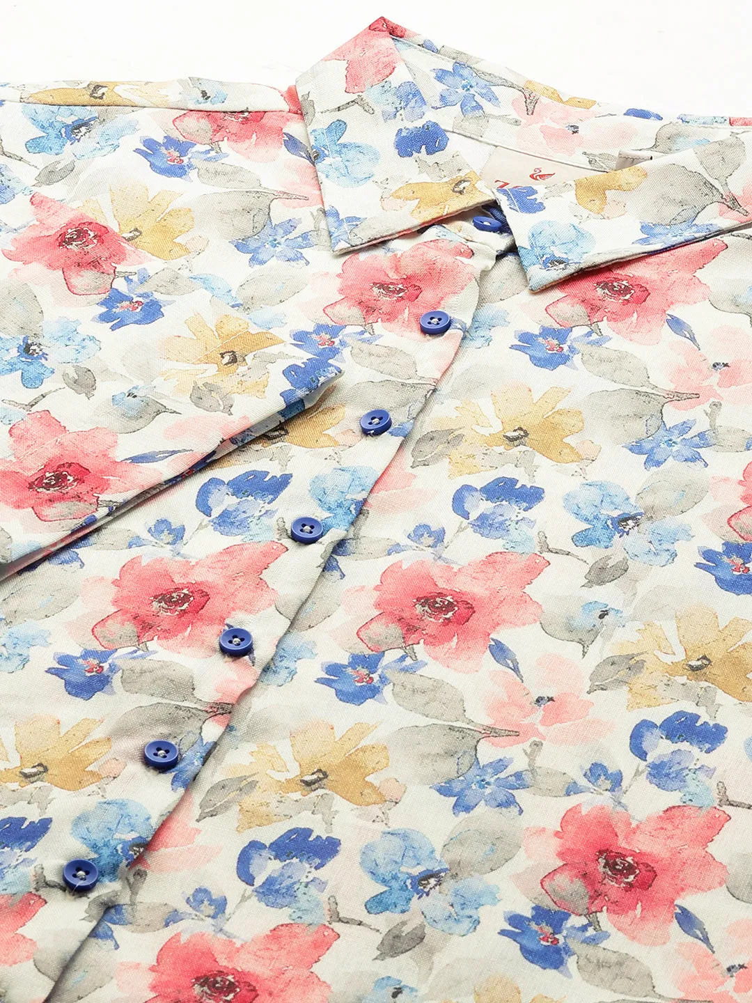 ZOLA Collar Neck Cotton All Over Floral Print Half Sleeves Beige Straight Top For Women